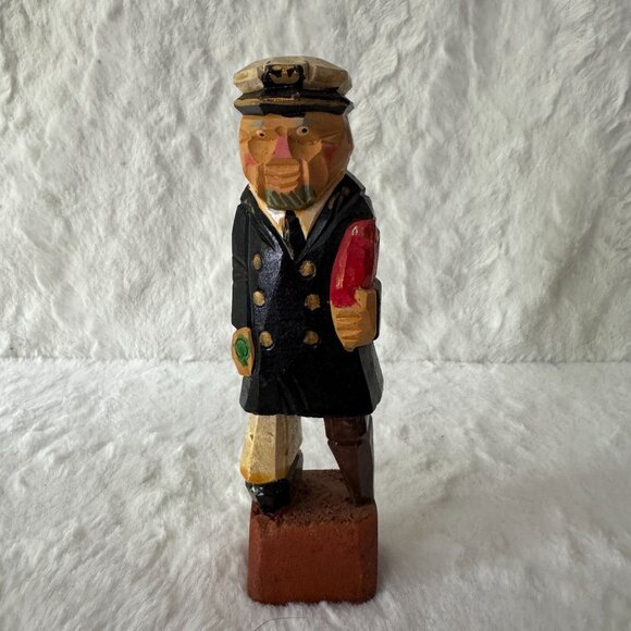 Unknown Other - Vintage Handcrafted Wooden Sea Captain Figurine With Parrot Peg Leg Bottle Rum